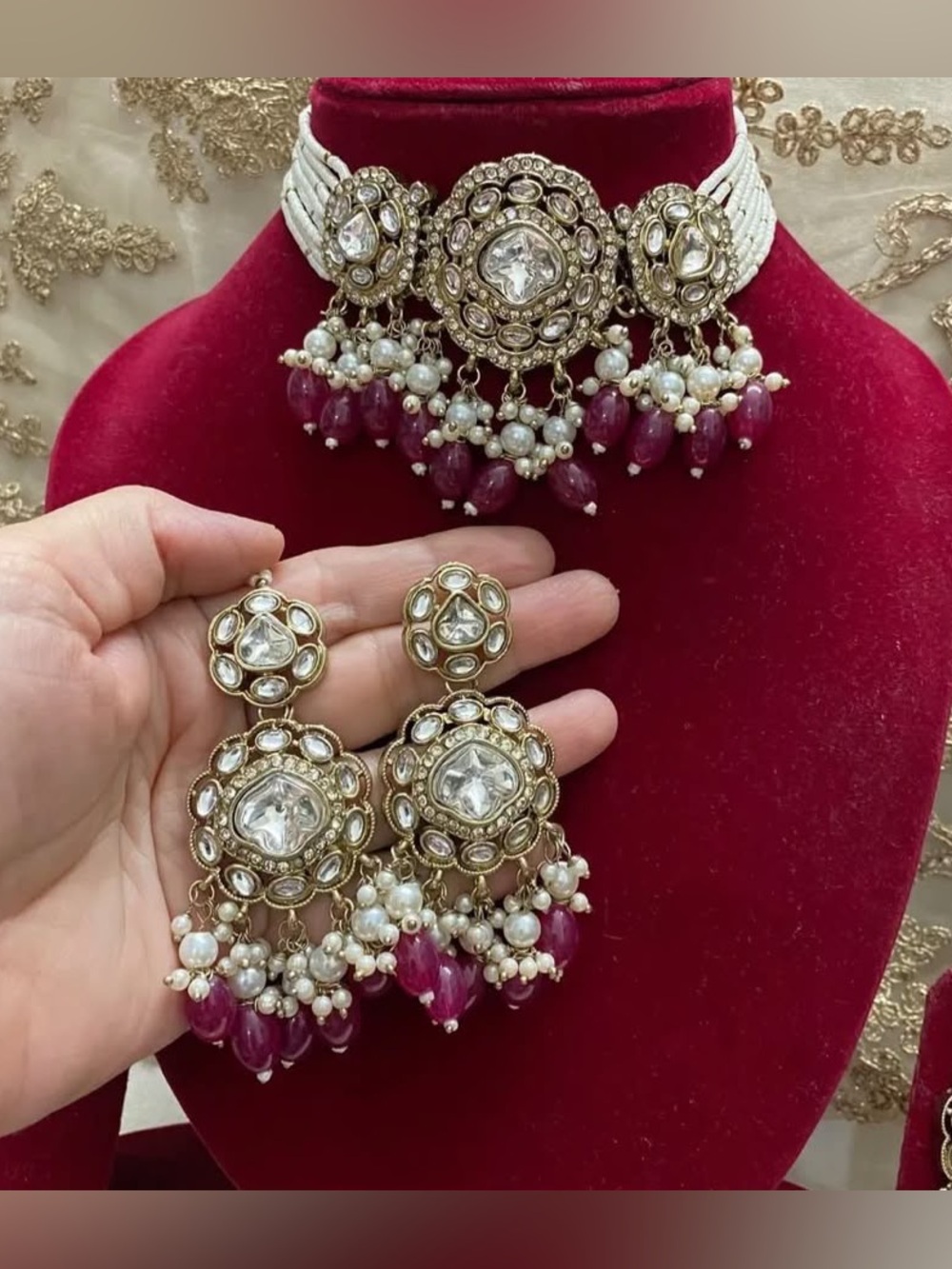 Gold Kundan-Style Choker Necklace with Pink Bead Tassels and Matching Earrings